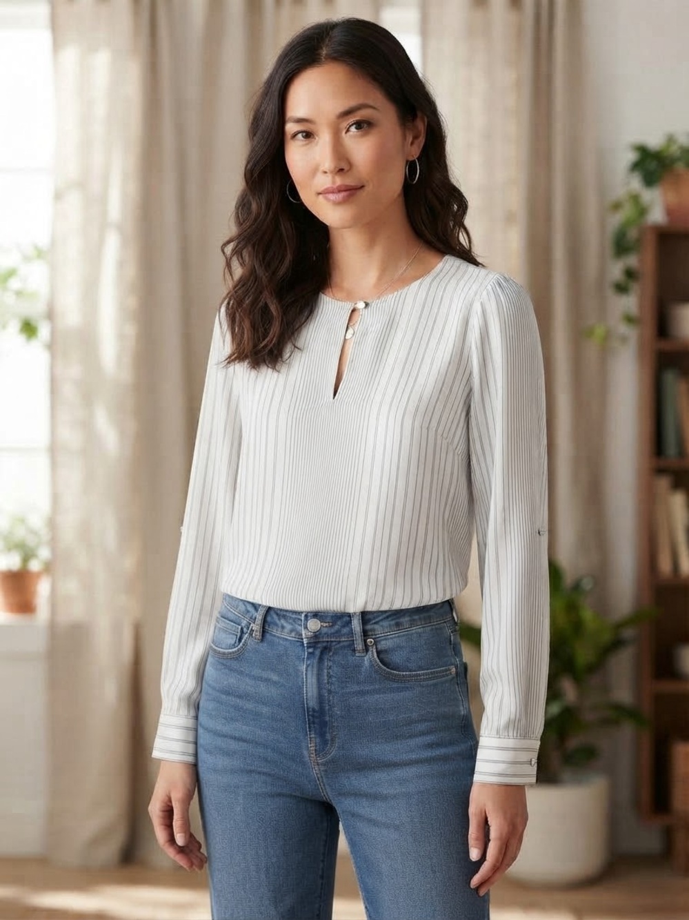 Ann Taylor Light Gray Pinstripe Long-Sleeve Blouse